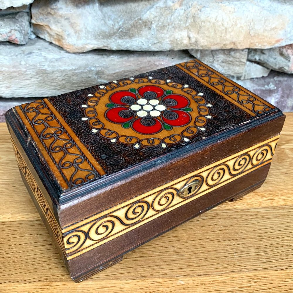 Jewelry Treasure Box Pyrography Wood Burning Red Velvet Lined Bohemian Decor